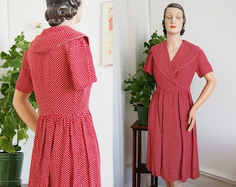Polka Dot 1940s Dress | Shawl Collar | Pleated Swirl Skirt | Red & White | Waist 27.5"