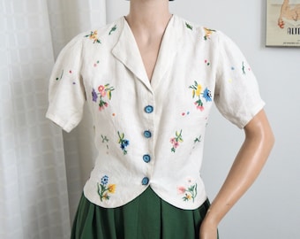 Linen 1930s Floral Embroidery Blouse Jacket | Beautiful Blue Buttons | Puffed Sleeves | One Of A Kind | Waist 33.8"