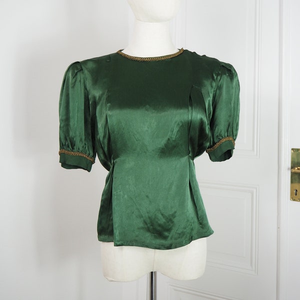 Liquid Silk 1930s Blouse | Gold Soutache Trimming | Intense Emerald Green | Rare Old Hollywood Glamour Fashion | Bust 39.3"