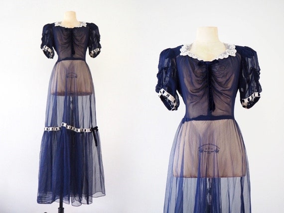 Sheer 1930s Dark Blue Dress | Dreamy Big Puff Slee