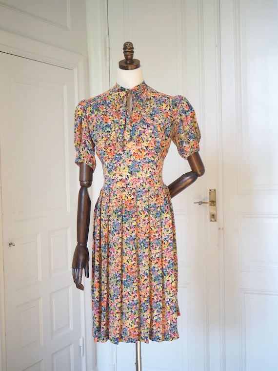 1930s short dress 1930s Dress Unique Vintage Early 30s Blue, Yellow and Grey Dress in two  Different Materials with the Same Print