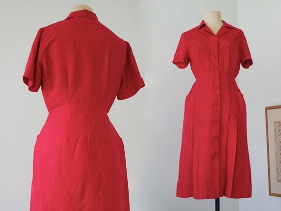 Pure Silk Raspberry Red Dress with Pockets | 1950s