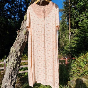 May include: A peach-colored nightgown with a floral pattern and lace detailing around the neckline. The short-sleeved gown hangs from a wooden hanger against a backdrop of trees and sunlight.