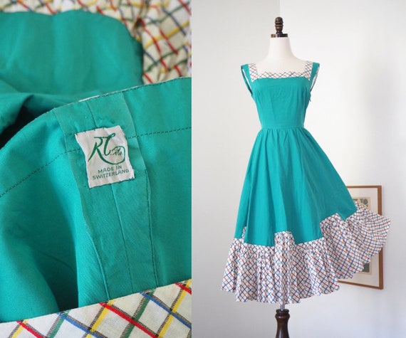 Full Swirl Summer | 1950s Kelly Green & Plaid Cot… - image 1