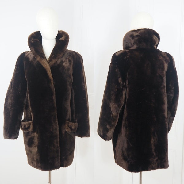 Espresso Brown Teddy Coat | 1940s to 1950s | Silky Smooth Sheep Fur Jacket | Pockets At Sides | Shawl Collar | Bust 44"