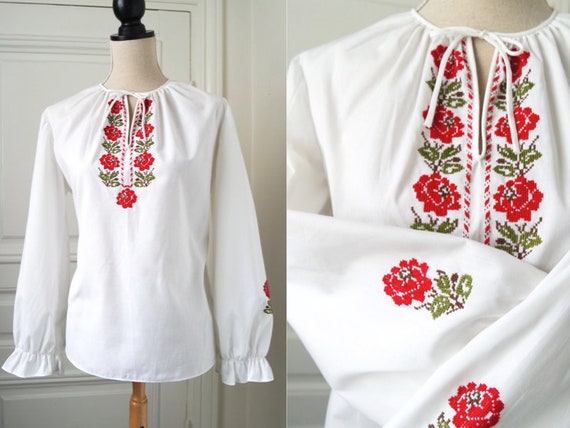 Hungarian Blouse | White with Red Roses | Vintage