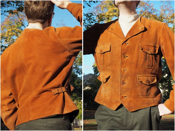 Rare Cognac Swedish 1940s Suede Jacket With Pocket