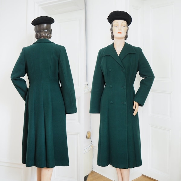 Stunning 1940s Bottle Green Wool Coat | Double Breasted & Figure Flattering Princess Seams | Bust 38.5"