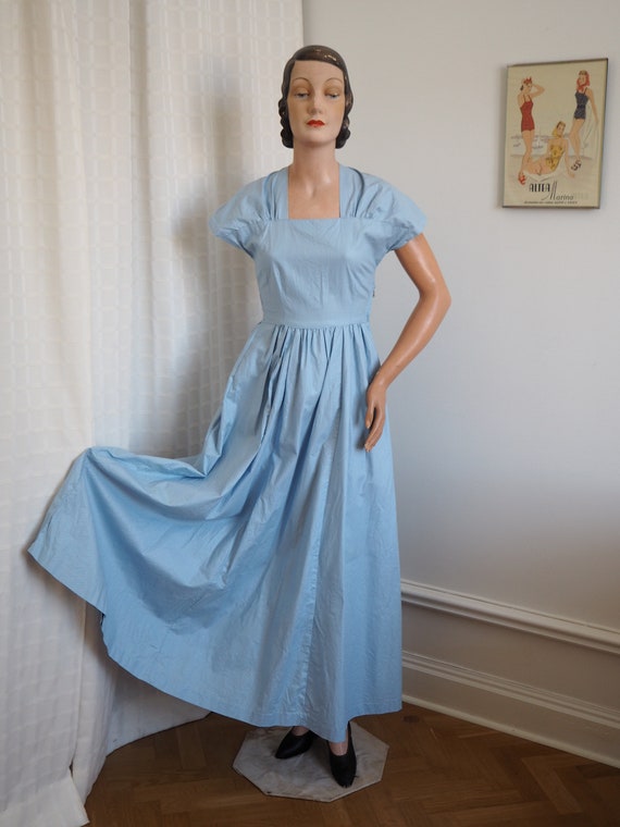 Light Blue Plaid 1940s Cotton Gown | Romantic Sum… - image 2