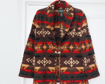 Ralph Lauren Lambswool Hand Knit | Southwest Sweater Jacket | Aztec Pattern Design | Marked Size M