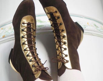 Groovy 1960s Unworn Boots | Brown & Golden Lace Up Space Age Shoes | Inside Length 10.23"