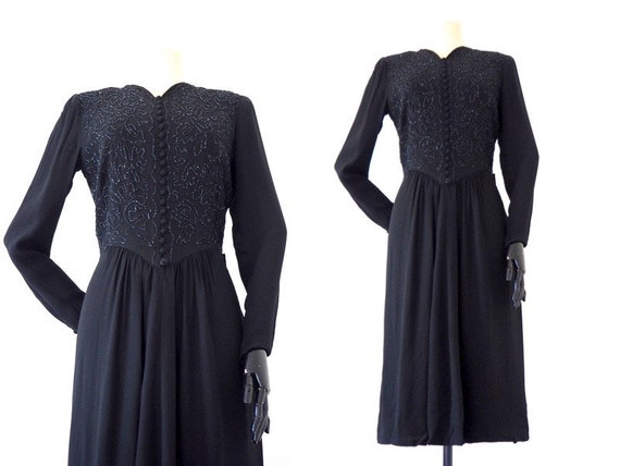 Midnight Silk Crepe Beaded 1940s Dress | Old Holly