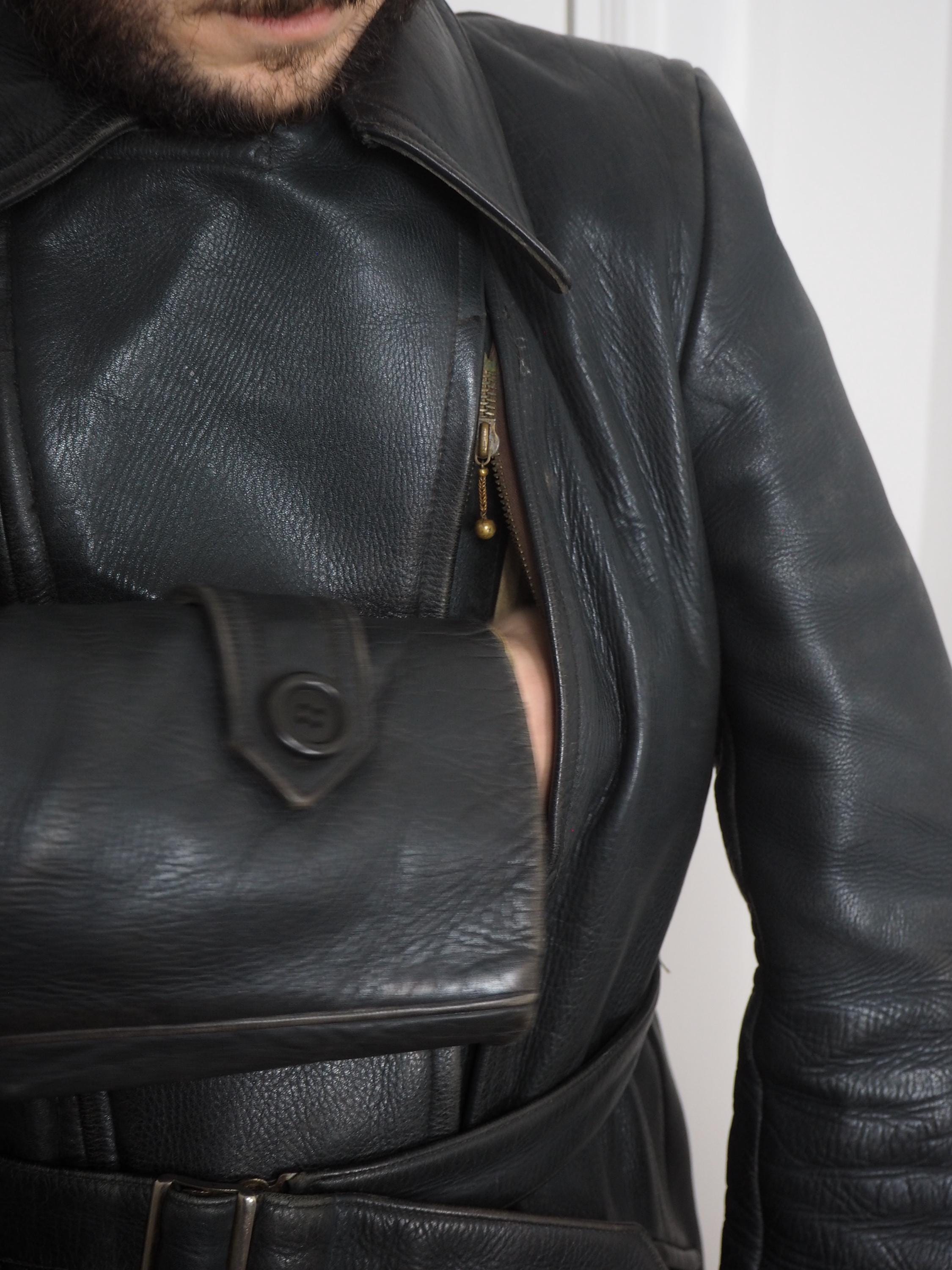 German 1940s Black Leather Jacket | belted Biker Model