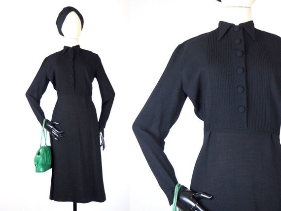 Little Black 1940s Dress | Elegant Wool Day Wear W