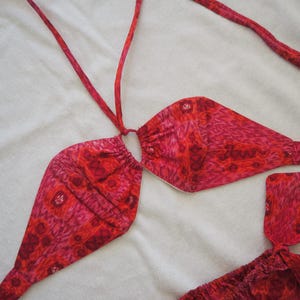 May include: A red and pink patterned bikini set. The top is a halter style with adjustable ties, and the bottoms are a low-rise design. The fabric features a repeating floral pattern in shades of red and pink.