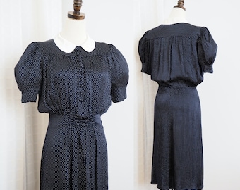 Adorable Silky 1930s Polka Dot Dress | Dressed Buttons, Peter Pan Collar & Puffed Sleeves | Blousy Shirtwaist |  Waist 26.7"