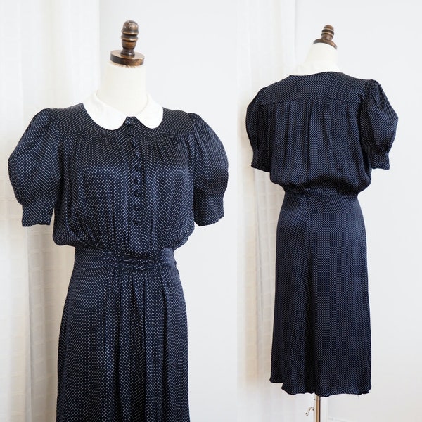 Adorable Silky 1930s Polka Dot Dress | Dressed Buttons, Peter Pan Collar & Puffed Sleeves | Blousy Shirtwaist |  Waist 26.7"