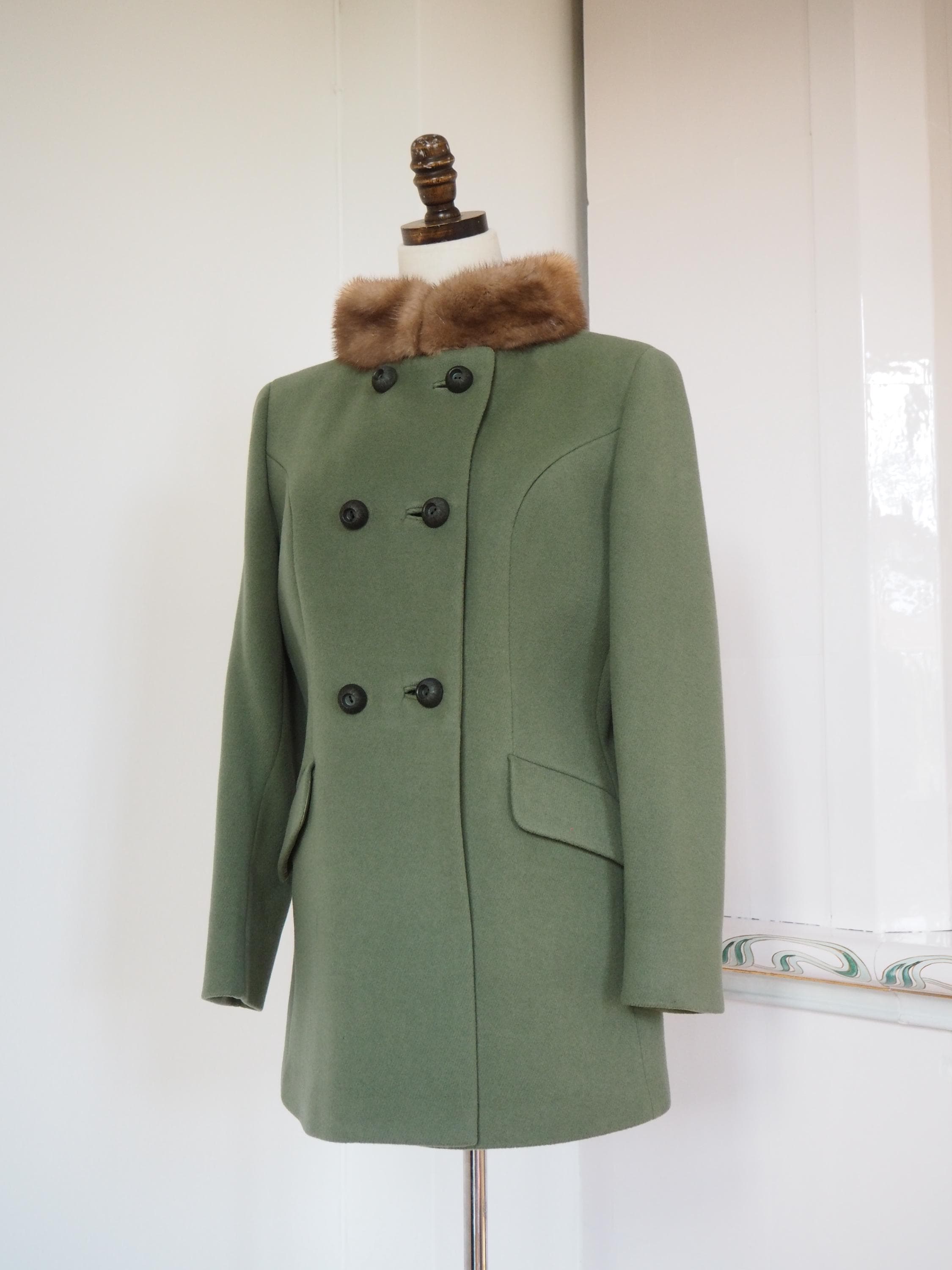 ジャケット・アウター 1960s Vintage Italy Double Breasted Coat Sage Green 1960s Double Breasted Coat | mink Fur Trimming | iconic