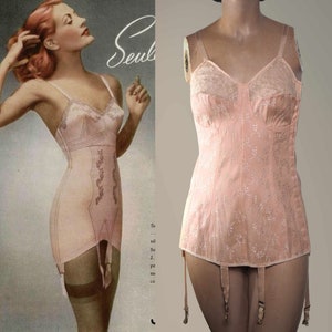 Rare 1930s Corselet Pale Pink | Subtle Shimmering Floral Pattern  | Full Torso Corset | Romantic Lace Garter Belt Lingerie | Waist 29"