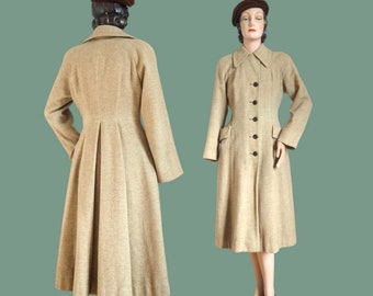 Tailored 1940s Herringbone Wool Princess Coat | Padded Shoulders & Nipped Waist  | Elegant Transitional Outerwear | Waist 33"