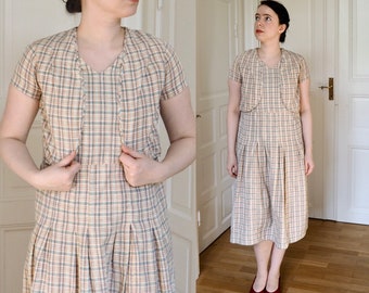 Plaid 1920s Day Dress | Simple Antique Summer Sportswear Dress | Pleated Skirt & Attached Bolero | Bust 37"