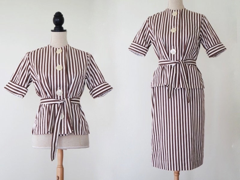 Blouse and Skirt Set |\u00a0Heavy cotton White and Brown 1940s Striped Suit Excellent Condition XSS