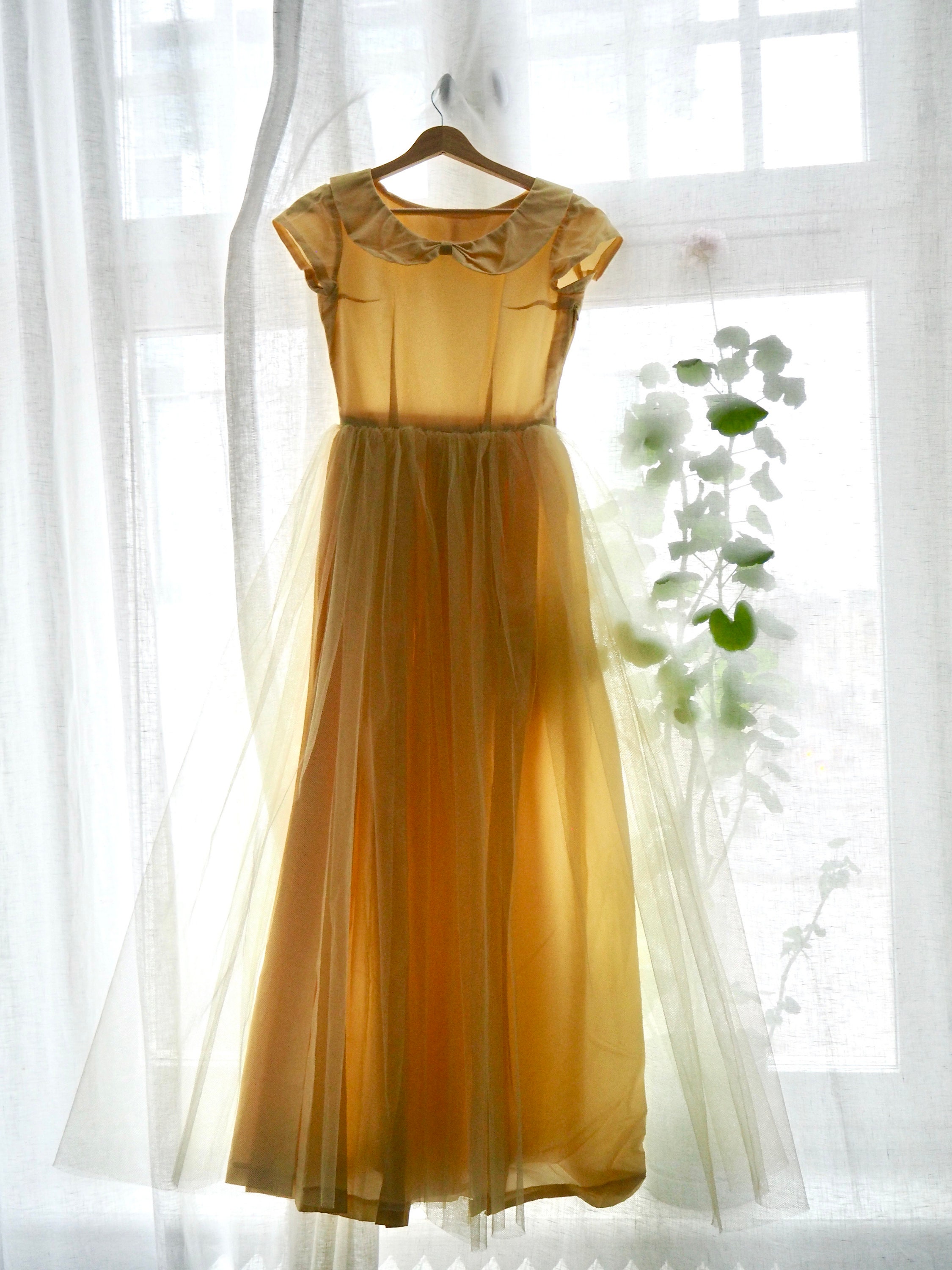 mustard yellow tulle dress Flocked tulle strappy midi dress - Women