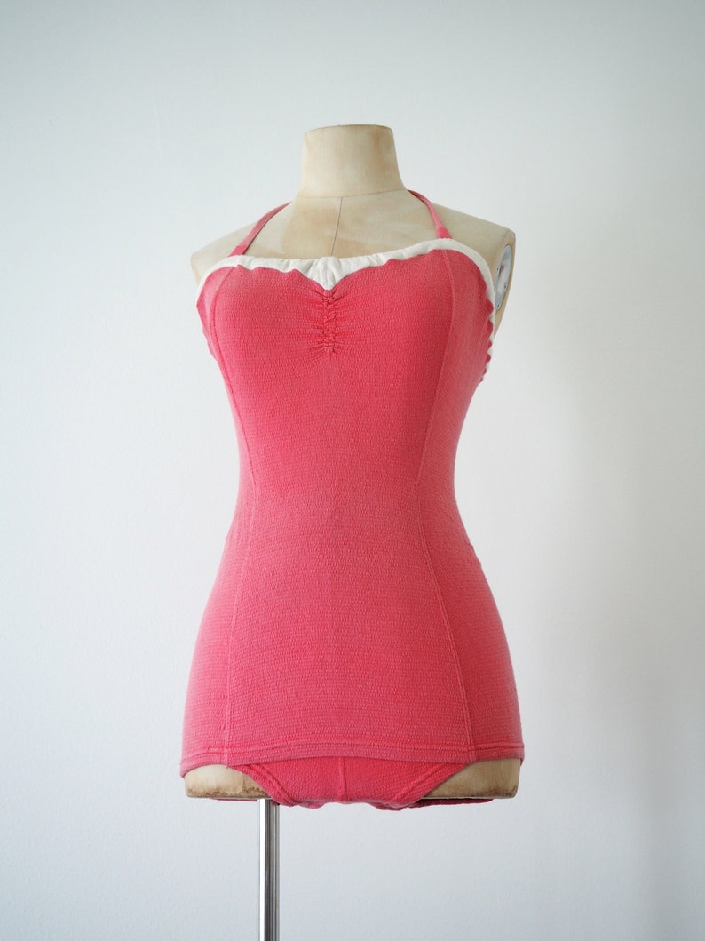 Vintage Summer Beach Wear Dive In Swimsuit 1940s Rose Pink Cotton