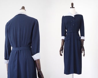 Sailor 1940s Navy Blue Dress Double Breasted, Belt & Pockets | Striped Trimming