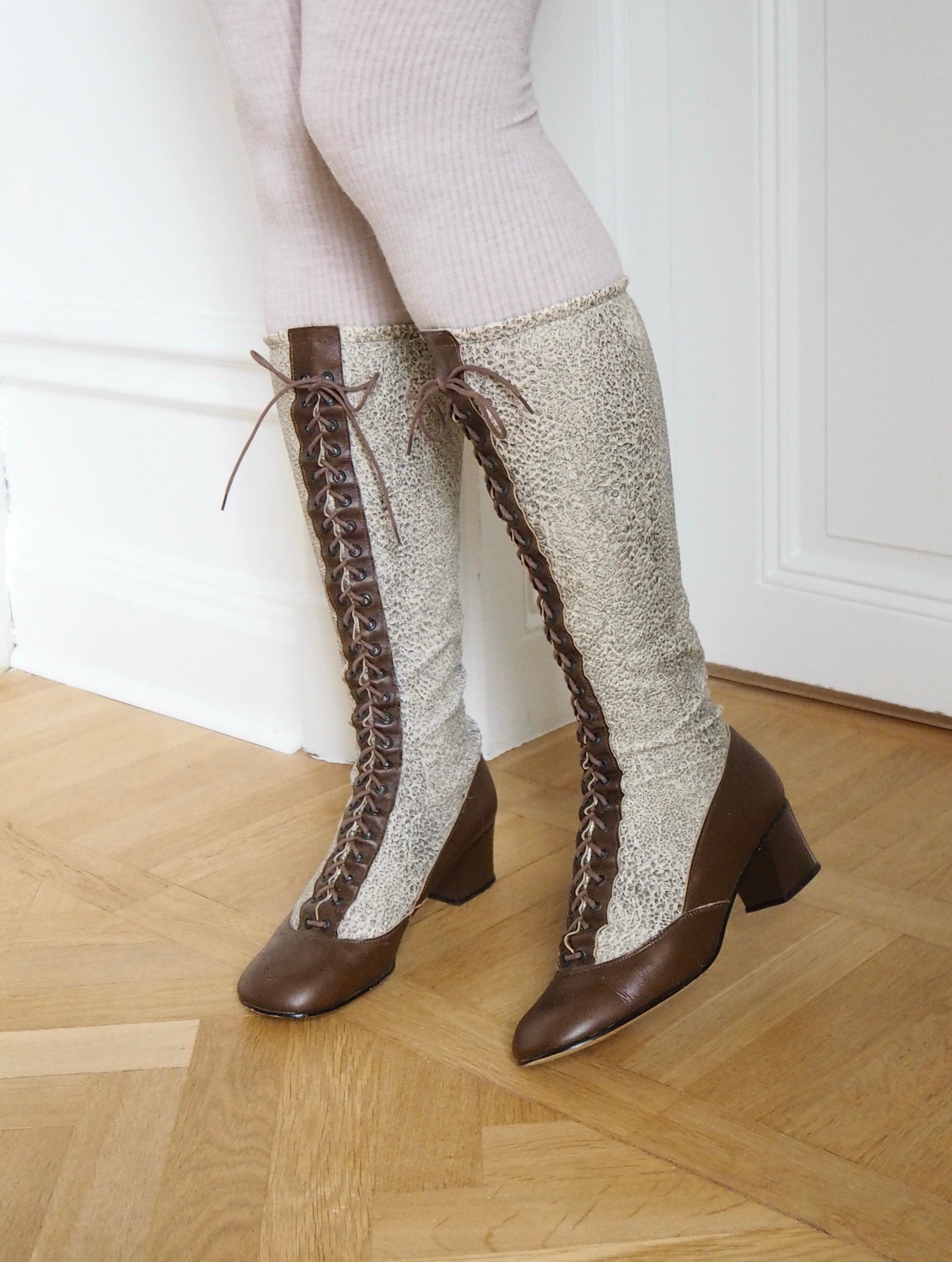 Groovy Gogo 1960s Lace up Boots snake Print Fabric sturdy