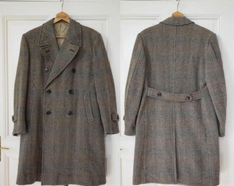 Tweed 1940s Double Breasted Overcoat | Luxurious Blue, Brown, Beige and Grey Wool Fabric | Belted Back Rare 40s Outerwear | Shoulder 19"