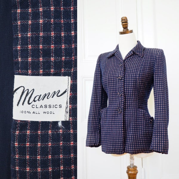 Perfect Plaid 1940s Wool Jacket | Strong Shoulders, Nipped Waist & Dressed Buttons | "Mann Classics" | Waist 29"