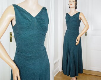 Stunning Emerald & Silver 1930s Gown | Sparkling Metallic Threads | Figure Flattering Old Hollywood Movie Star Glamour Dress | Waist 26"