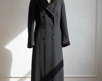 Iconic 1940s Princess Coat | Trapunto Quilting + Astrakhan Collar | Double Breasted | Waist 38.5"