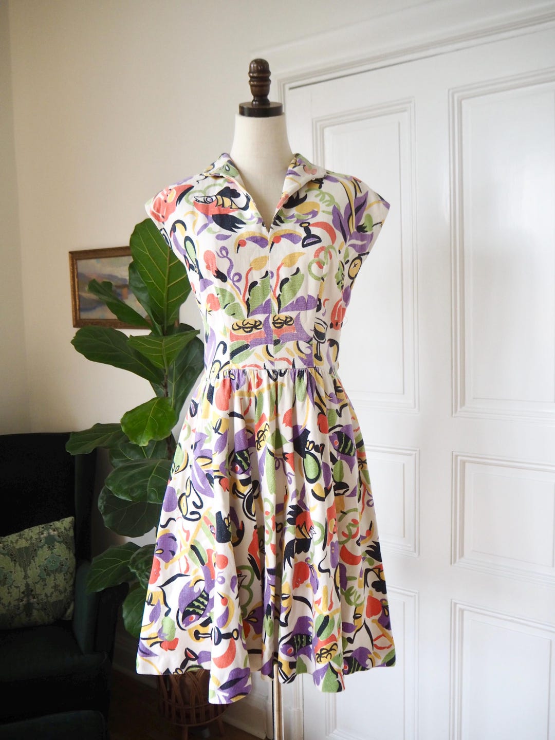 1940s Floral Deer Novelty Print Dressing Gown | L/XL