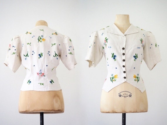 RARE 1930s Linen Blouse With Floral Embroidery | P