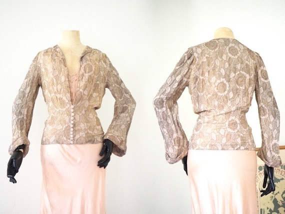 Gold Lamé 1930s Floral Blouse Jacket Dusty Pink Wi