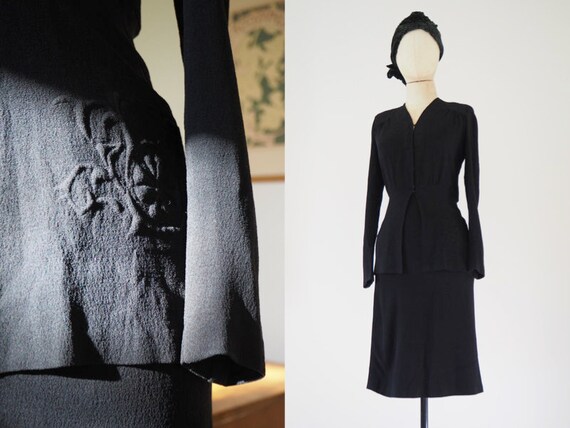 Trapunto 1940s Wool Crepe Skirt & Blouse | Black E