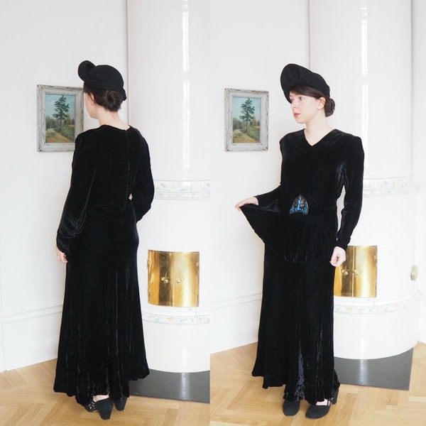 Peplum Silk Velvet 1940s Gown | Pearl Applique | Dramatic Long Evening Dress | Movie Star Glam | Bust 41"