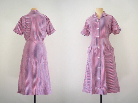 Classic Striped 1940s Summer Dress with Pockets |