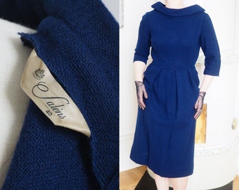 Royal Blue Wool 1950s Dress | Sculpted Neckline & Pleated Skirt | Made Swedish Royal Court Supplier Saléns | Waist 26.7" to 27.5"
