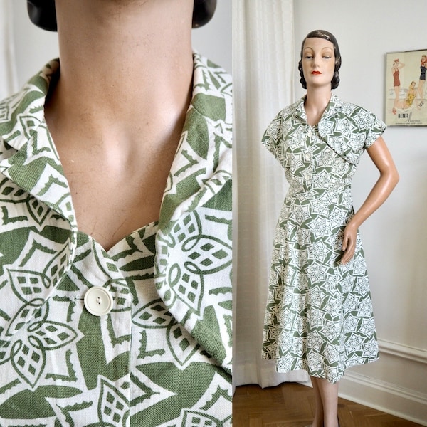 Linen Novelty Print Dress Set | Summer Vacation Suit | Soft Green & White Pattern | Waist 30.7"