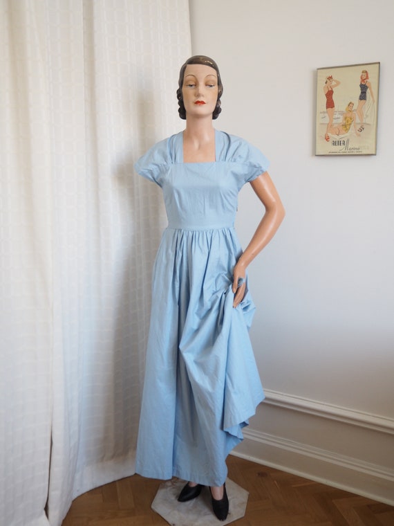 Light Blue Plaid 1940s Cotton Gown | Romantic Sum… - image 3