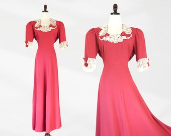 Dreamy Rose 1940s  Gown | Romantic Movie Star Glamour| Puffed Sleeve, Lace & Bows | 30.5" Waist