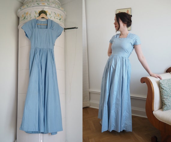 Light Blue Plaid 1940s Cotton Gown | Romantic Sum… - image 1