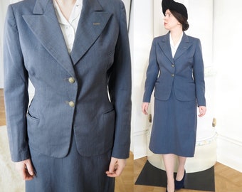 Beau costume bleu des années 40 | Veste et jupe | Vêtements de l'époque de guerre | Vêtements de jour élégants | Taille de la jupe 26,7 pouces