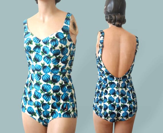 20s vintage Jantzen アンティーク　ジャンセン　ネイビー　水着 JANTZEN 1950s Swimsuit | Abstract Fruity Floral Pattern | metal