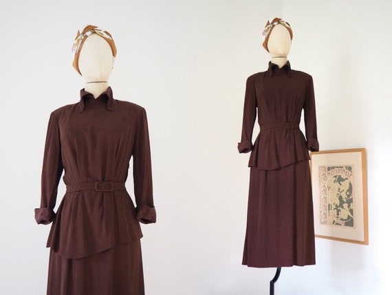 Brown Peplum 1940s Dress | Luxurious Sturdy Silky