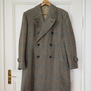 Tweed 1940s Double Breasted Overcoat | Luxurious Blue, Brown, Beige and Grey Wool Fabric | Belted Back Rare 40s Outerwear | Shoulder 19.2&quot;