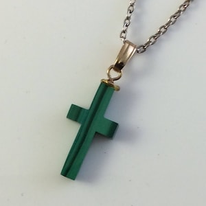 Malachite Cross Necklace Sterling Silver Chain - Crucifix Irish Christian, gold setting Jesus, religious, vintage, antique, hipster